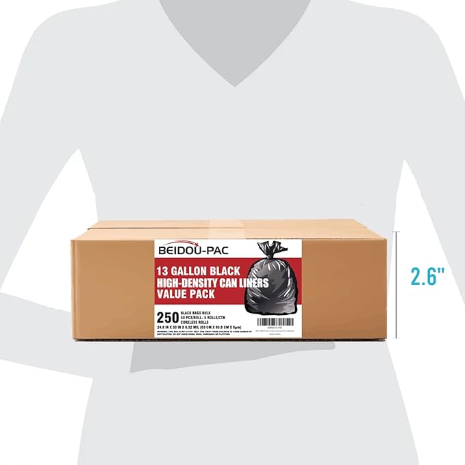 13 Gallon Trash Bags 250 Count Black Tall Kitchen Garbage bags Multi-purpose Trash Can Bin Liners for Bathroom Office Industrial Commercial Janitorial Municipal Recycling