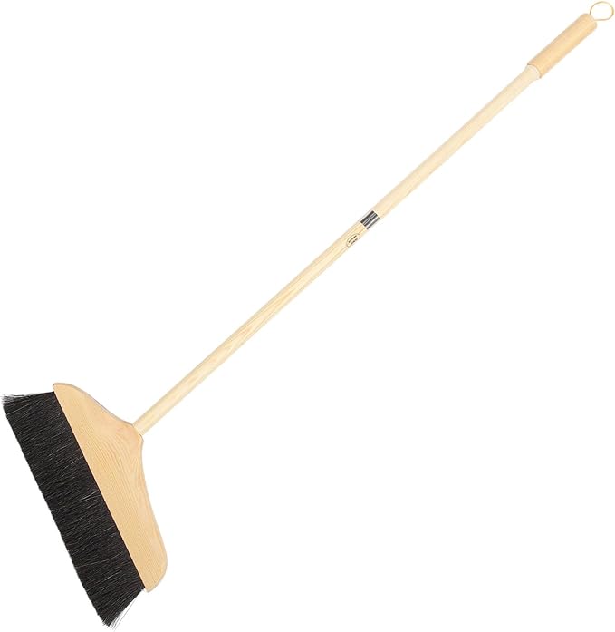 Mikikit Horsehair Broom with Long Handle Soft Pine Bristles Anti-Static Home Broom for Hardwood Floors Carpets Indoor Cleaning