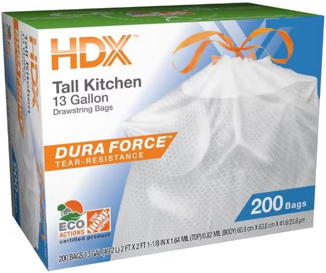 13 Gallon Reinforced Top Drawstring Unscented Kitchen Tall Trash Bags with 20% PCR (200-Count)