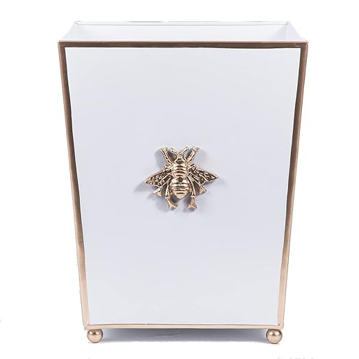 Jaye's Studio Regency Line Square Wastebasket &amp Garbage Bin Hand-Painted Metal Trash Bin for Bedroom Office Bathroom 9 x 9 x 12 (White Gold Bee)