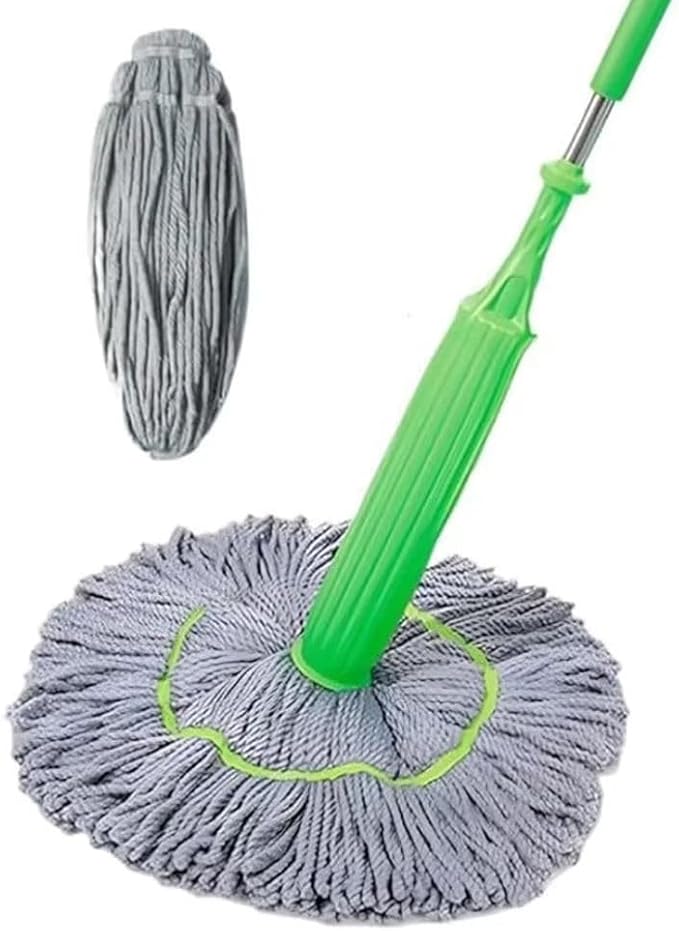 Spin Mop with Self-Wringing System 360° Swivel Stainless Steel Handle &amp Ultra-Absorbent Bamboo Fiber Mop Head No Wash Lazy Mops Wet and Dry - Lightweight &amp Compact (1 mop + 1 Head)