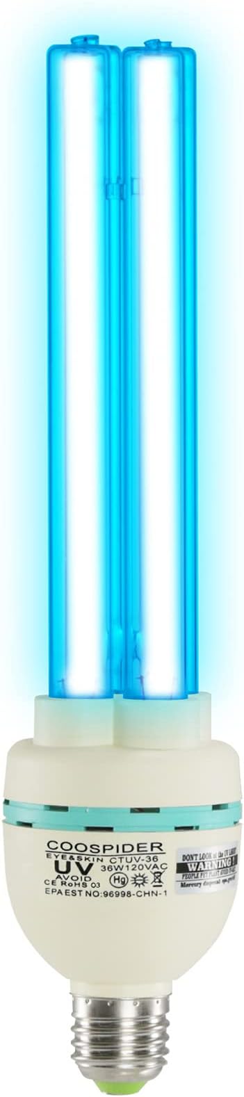 36 Watts Ozone UVC Light Bulb 185nm wavelength UV Lamp for Basement/Storehouse/Car E26 110V CTUV-36 (with Ozone)