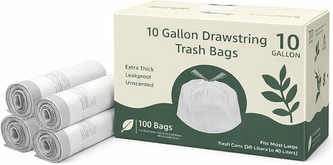 10 Gallon Drawstring Trash Bags 100 Count 1 Mil Extra Strong White Medium Garbage Bags Unscented Trash Liners for 30L-40L (8-10 Gal) Cans for Household use