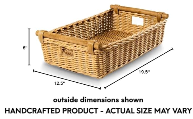 The Basket Lady Low Pole Handle Wicker Storage Basket Large 19.5 in L x 12.5 in W x 6 in H Sandstone