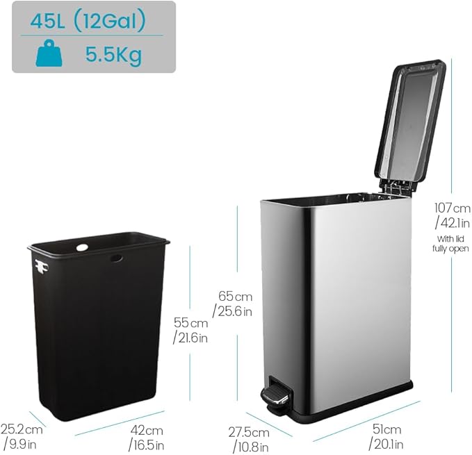 12 Gallon Trash Can with Lid45L Kitchen Garbage CanStainless Steel Trash Can for Narrow Spaces with Soft-Close Lid Inner Bucket and Step-on Pedal