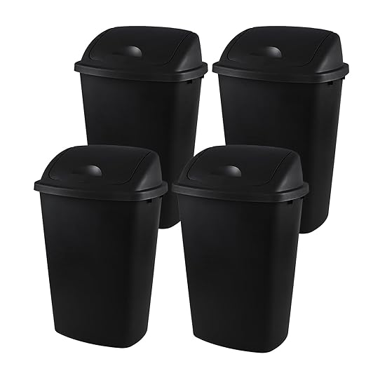 4-Pack 13 Gallon Waste Basket with Swing-Top Lid Black Garbage Bin Commercial Trash Can for Kitchen Outdoor Garage and School Fits 13 Gal Liners