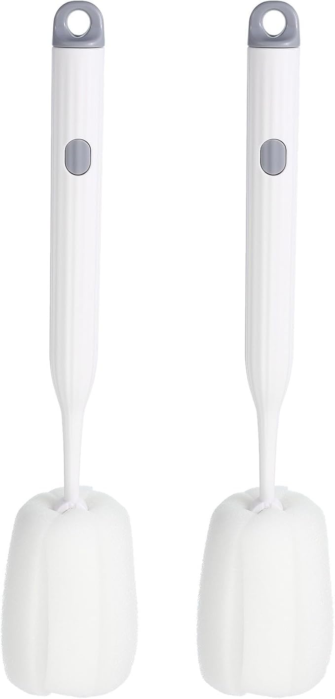 2 Pcs 10.7 Inch Bottle Cleaner Brush Soft Spon Plastic Handle White