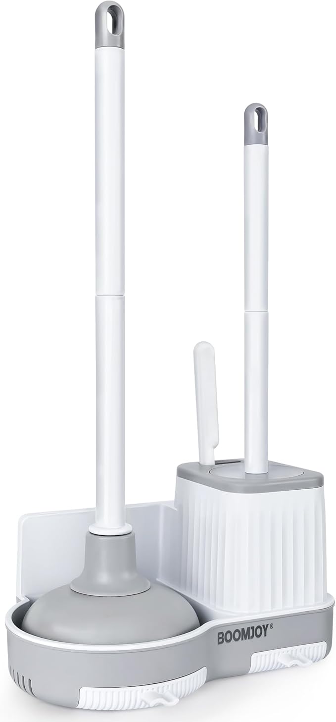 BOOMJOY Toilet Brush and Plunger Set with Crevice Cleaning Brush White Plunger and Brush Combo with Hidden Holder Bathroom Plunger and Toilet Bowl Brush Set Heavy Duty