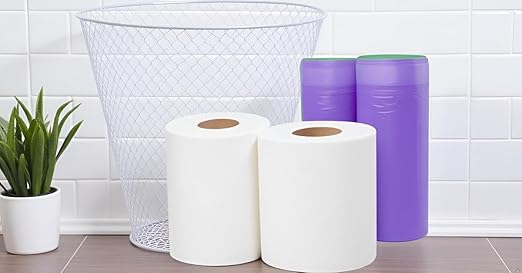 (1) White Waste Basket 9in Mesh Trash Round Garbage Can Bin (2) Toilet Paper Rolls w/ (2) Purple Trash Bags Wastebasket Home Office Bedroom Bathroom Kitchen Workspace Compact