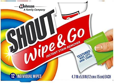 Shout Wipe &amp Go Instant Stain Remover Wipes No Wash Required Safe on Colorfast Washables Travel &amp Baby Diaper Bag Essentials Removes Grass Coffee Makeup &amp More 12 Wipes (Pack of 6)