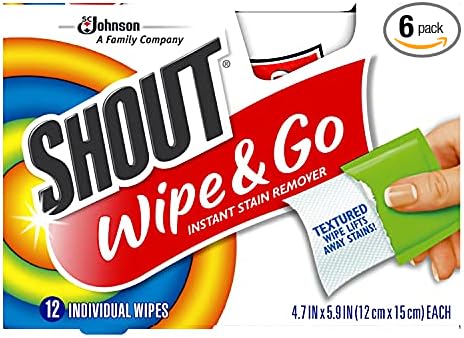 Shout Wipe &amp Go Instant Stain Remover Wipes No Wash Required Safe on Colorfast Washables Travel &amp Baby Diaper Bag Essentials Removes Grass Coffee Makeup &amp More 12 Wipes (Pack of 6)