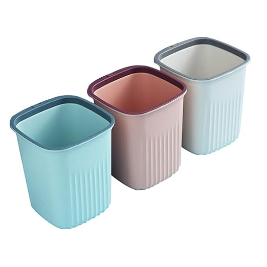 PRETYZOOM 3pcs Small Trash Can Set Simple Design Plastic Waste Basket for Kitchen Office and Home Easy to Use with Pressing Ring Blue Pink and White