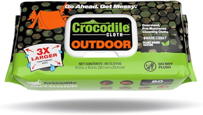 Crocodile Cloth Outdoor Cleaning Wipes – 80 Count Plant-Based Cloths (15x10) Skin Safe Pre-Moistened Aloe &amp Vitamin E Infused Large Absorbent Multi-Surface Disposable Wipes