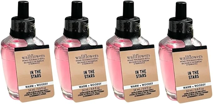 Bath &amp Body Works IN THE STARS Wallflowers Refills 4-Pack – Gift Set with 30-Inch Metallic Gold &amp Silver Striped Ribbon Bow for Holidays – 0.8 fl oz Each