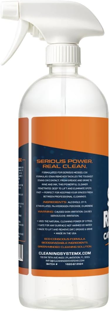 CSX Powerful Stain Remover 24oz – Heavy Duty Carpet &amp Upholstery Cleaner Professional Strength Deep Clean Formula – Removes grease wine coffee ink food and more – Made in the USA