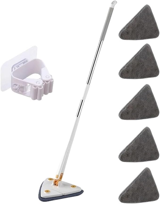 Triangle Cleaning Mop Telescopic 360° Rotatable Adjustable Microfiber with 4 Pads Floor Household Ceiling(White-5pc-cloth)