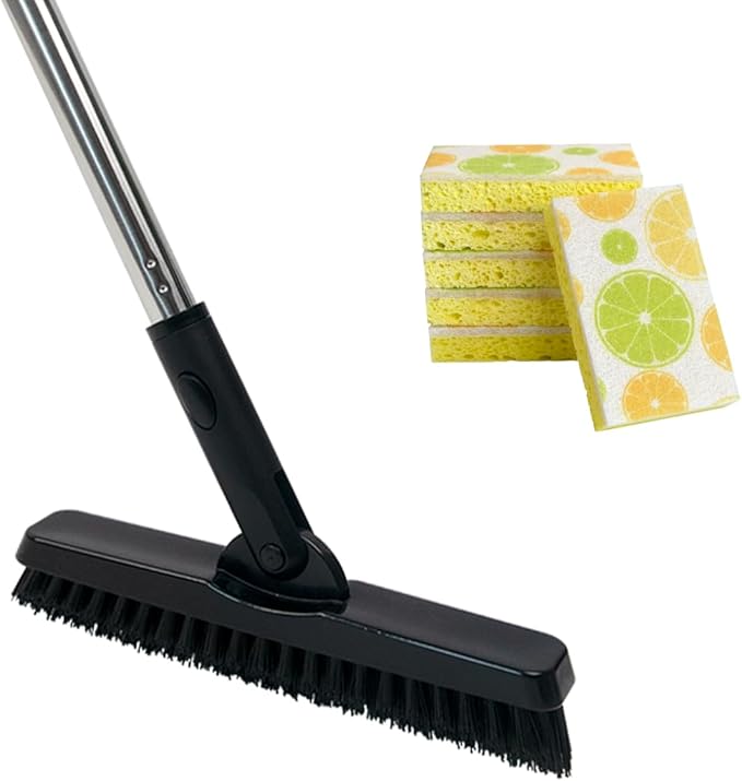 CELOX Grout Brush with Long Handle and 6 Pack Lemon Printed Dual Sided Scrub Dish Sponges