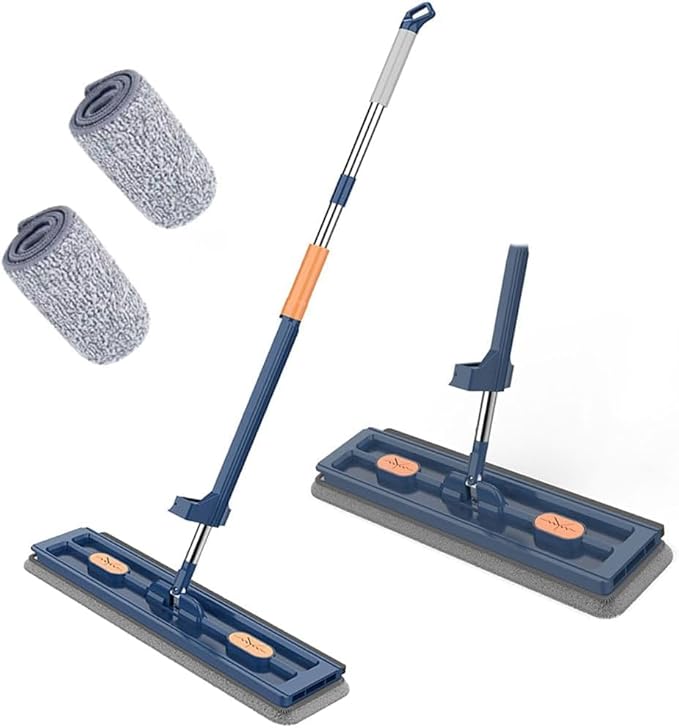 Large Flat Mop Lazy Person's Self-Washing Flat Mop Reusable Microfiber Self-Contained Dewatering Scraper Wet and Dry Use 12027(Bluewith 2 Pads)