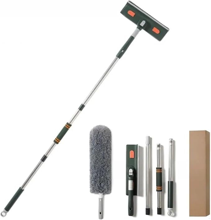 Adjustable Long Reach Window Cleaning Tool (72–226 cm) – Glass Cleaner Mop with Silicone Scraper and Brush for Household Use(144cm Green Set)