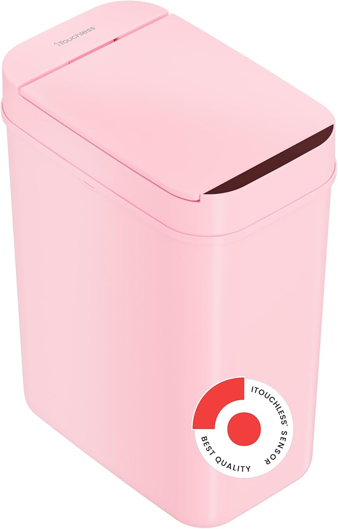 iTouchless 3 Gallon Sensor Bathroom Trash Can 10 Liter Slim Touchless Automatic Small Garbage Bin with Lid Narrow Smart Motion Control Commercial Wastebasket for Bedroom Office Pink Plastic