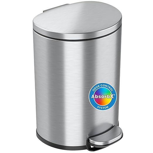 iTouchless SoftStep 3 Gallon Slim Bathroom Trash Can with Odor Filter &amp Removable Inner Bucket Stainless Steel 11 Liter Space-Saving Semi-Round Step Pedal Garbage Bin for Bedroom Home Office Cub