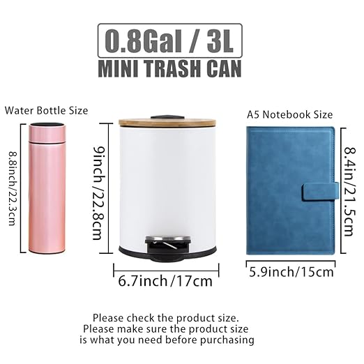 Mini Trash Can with Bamboo Lid Soft Close and Foot Pedal 0.8Gal/3L Tiny Round Trash Can with Removable Plastic Inner Wastebasket for Bathroom Bedroom Powder Room Office Desk Car White