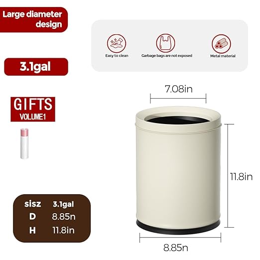 12L/3.1GAL White Bathroom Trash Can Without Lid Small Wastebasket for OfficeMetal Garbage Can for BedroomChildren's Room Powder RoomHotelBank (12L-White)