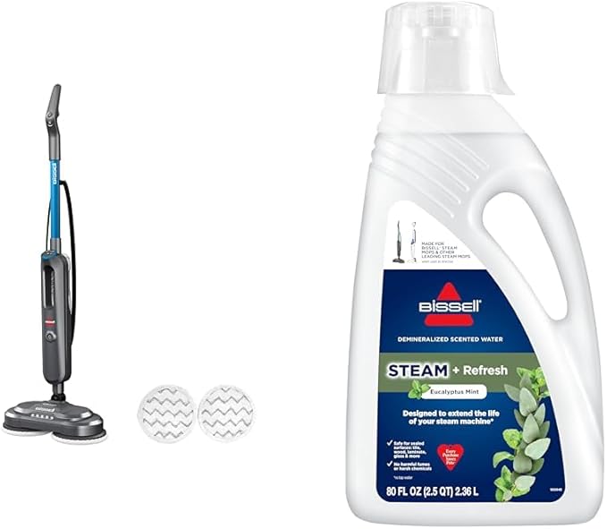 Bundle of BISSELL SpinWave SmartSteam Scrubbing Steam Mop with Rotating Mop Pads + Eucalyptus Mint Steam Water 80 oz 1392F
