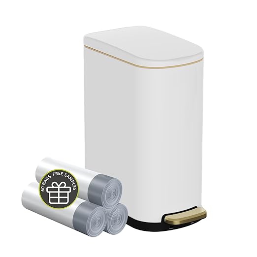 2.6 Gallon Slim Bathroom Trash Can with Soft Close Lid 10L Stainless Steel Garbage Can with Removable Liner Bucket for Narrow Spaces Bathroom Bedroom (White)