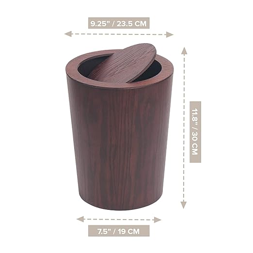 Modern Round Trash Can with LidReal Wood Waste Basket in Dark Brown9.25x7.5x11.8 Swing Top Small Trash CanDecorative Small Garbage Can for Bedroom Living Room Office &amp Bathroom8L/2.1Gal