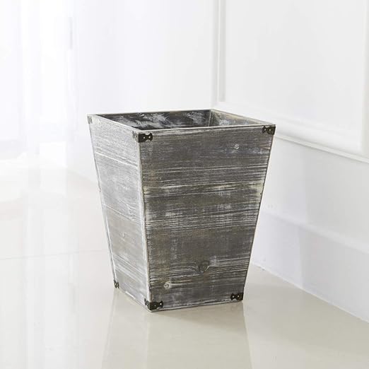VERGOODR Gray Farmhouse Style Torched Wood Square Waste Bin with Decorative Metal Brackets Trash Can for BedroomLiving Room Bathroom &amp Office