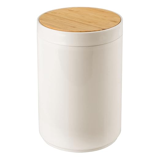 mDesign Plastic Round Trash Can Small Wastebasket - Garbage Bin Container with Swing-Close Lid - Bathroom Garbage Basket - Holds Waste Recycling - 1.3 Gallon - Basa Collection - Cream/Beige/Natural
