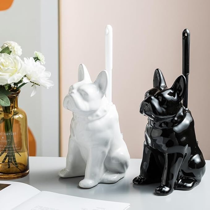 Comeon Ceramic Dog White/Black Toilet Brush and Holder Set Plastic Handled Scrub Brush for Bathroom Cleaning13.7*6.3 (Black)