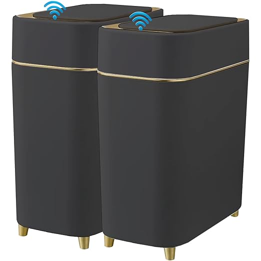 Yatmung 2-Pack - Automatic Trash Cans Touchless Motion Sensor Bathroom Trash Can - Waste Basket for Bedroom Home Offices Small Spaces - Compact Smart Garbage Can with Lid - Black with Gold Edge