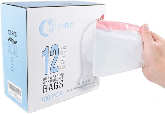 Orino 12 Gallon Customized Trash Bag Drawstring Garbage Bags Ultra Strong Odor Control Acid Resistant Codes J Compatible fit for Tall Kitchen Can 45Liter 0.85 mil 21.46x30.71 100 Count