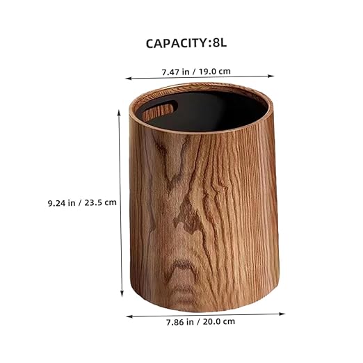 Garneck Rustic Wood Grain Trash Can 8L Plastic Wastebasket Large Capacity Bathroom Kitchen Office Toilet Bin Farmhouse Style Household Garbage Bin