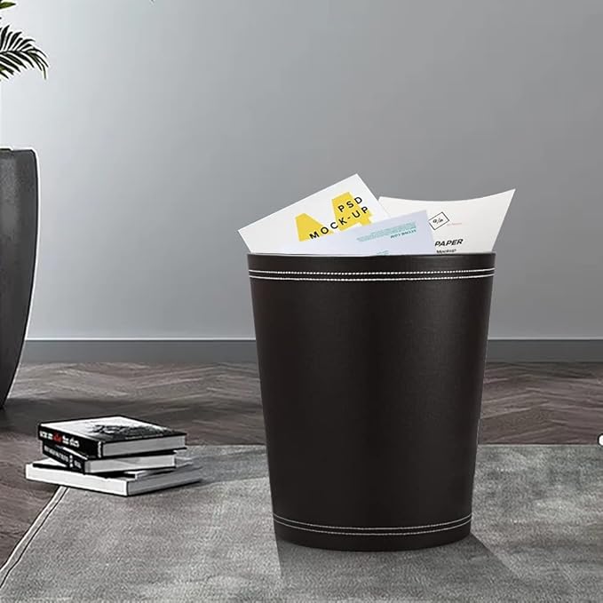 KINGFOM Classic Pu Leather Trash Can Wastebasket Small Garbage Container Can for Bathrooms Powder Rooms Kitchens Home Office and and High Class Hotel Round Black