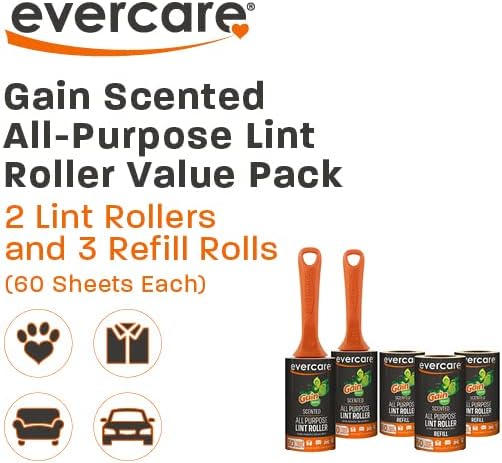 Evercare Gain Scented All-Purpose Lint Roller Value Pack with 2 Lint Rollers and 3 Refill Rolls 60 Sheets Each