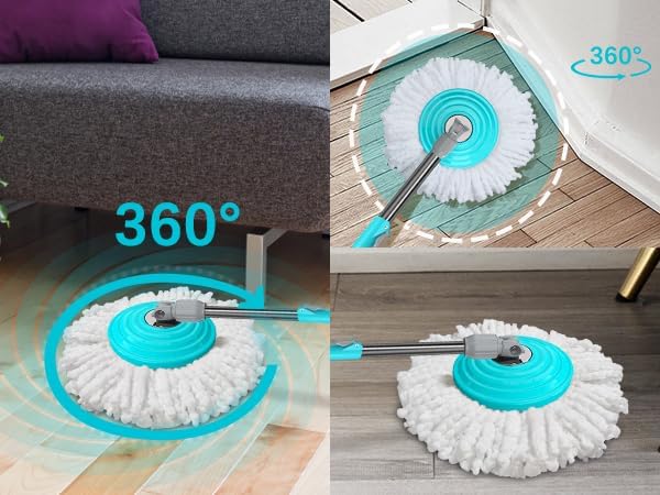 Stainless Steel Extendable Mop Handle with 2 Microfiber Replacement Heads &amp 360° Rotating Base Plate — Fits Standard Mop Buckets -Blue