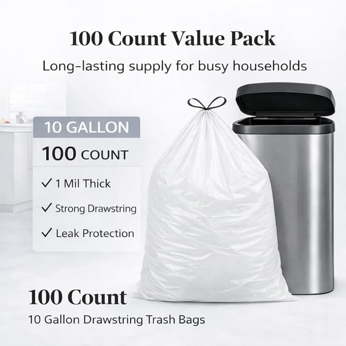 10 Gallon Drawstring Trash Bags 100 Count 1 Mil Extra Strong White Medium Garbage Bags Unscented Trash Liners for 30L-40L (8-10 Gal) Cans for Household use