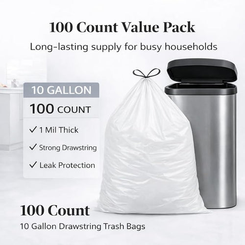 10 Gallon Drawstring Trash Bags 100 Count 1 Mil Extra Strong White Medium Garbage Bags Unscented Trash Liners for 30L-40L (8-10 Gal) Cans for Household use