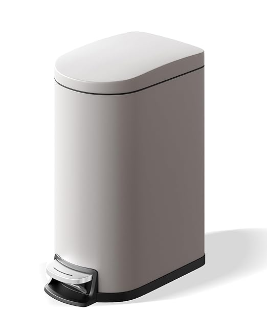 GarveeHome 2.6 Gallon Bathroom Trash Can Space-Saving Slim Stainless Steel Step-On Garbage Bin with Soft Close Lid Removable Inner Bucket for Bathroom &amp BedroomGrey