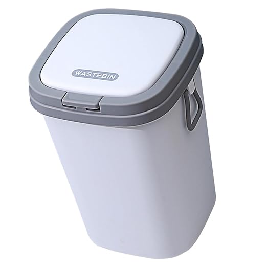 Press-Top Trash Can with Lid 13L Grey Plastic Wastebasket for Bathroom Kitchen Living Room Design Small Garbage Bin for Home Organization