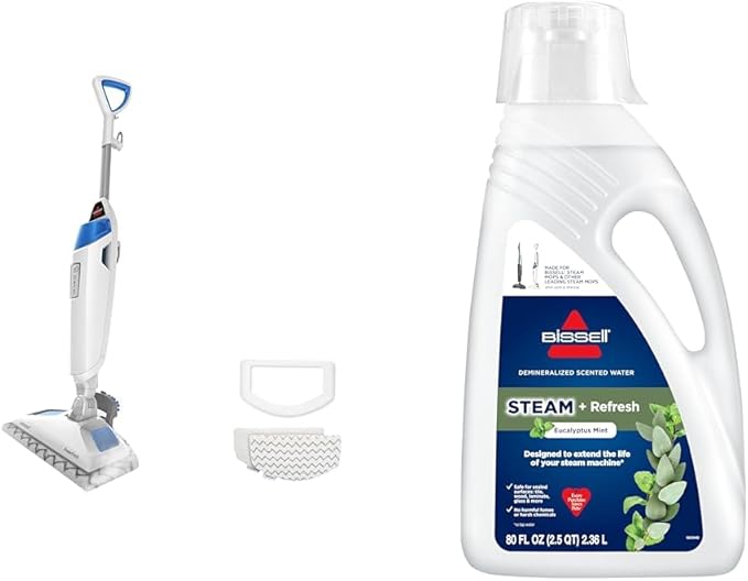 Bissell Power Fresh Steam Mop with Natural Sanitization Floor Steamer Tile Cleaner and Hard Wood Floor Cleaner with Flip-Down Easy Scrubber 1940A + Eucalyptus Mint Steam Water 80 oz 1392F