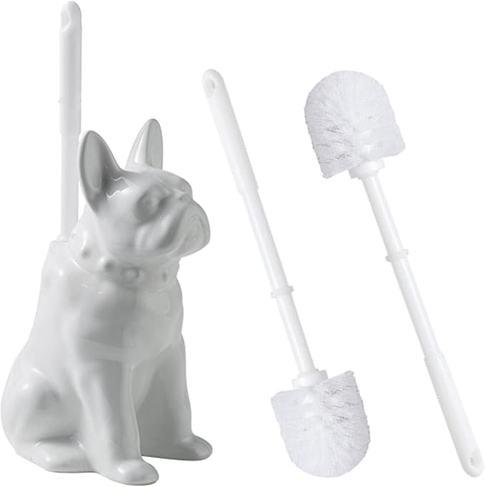 2026 Ceramic Dog Toilet Brush Holder Set French Bulldog Design with 2PCS Durable Plastic Brush Modern Bathroom Accessories (White)