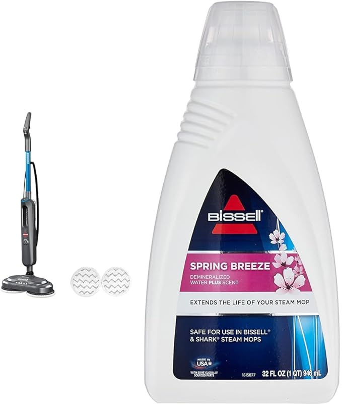 Bundle of BISSELL SpinWave SmartSteam Scrubbing Steam Mop with Rotating Mop Pads + Bissell Spring Breeze Demineralized Water 32 oz 1394 White
