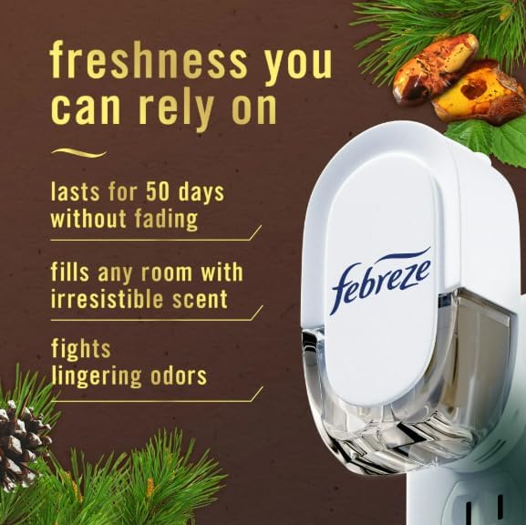 F.e.b.r.e.z.e Odor-Fighting Fade Defy Plug Air Freshener (1 Refill) of 0.87 Fl Oz + Starter Kit (Cozy Campfire)