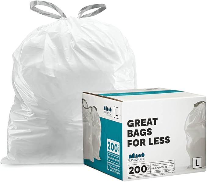 Plasticplace Custom Fit Trash Bags Compatible with Simplehuman Code L (200 Count) White Drawstring Garbage Liners 4.8 Gallon / 18 Liters 16.75 x 24.5
