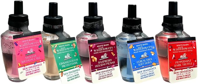 Bath &amp Body Works Wallflowers Refills MILK BAR Collection 2025 5pc Gift Set w/ 30-Inch Metallic Gold &amp Silver Striped Bow – Birthday Cake Cereal Milk Raspberry Pie Peppermint Bark &amp Cin