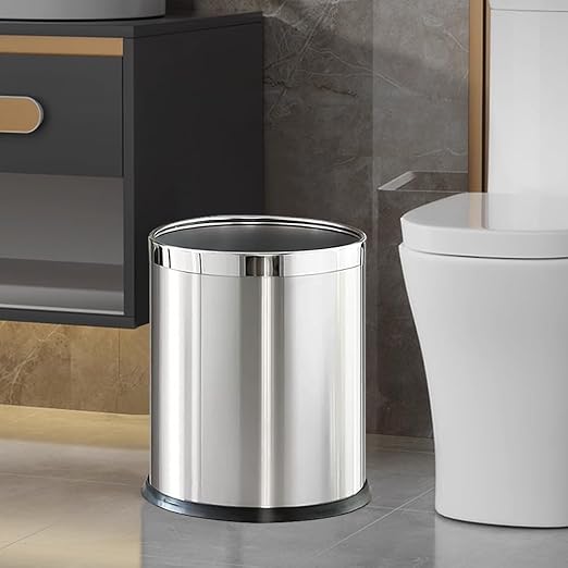 2.6Gallon/10LStainless Steel Bathroom Trash CanChrome Trash CanSilver Garbage Can for OfficeWastebasket for HotelOfficeStoreMetal Trash bin Without lid (Silver)